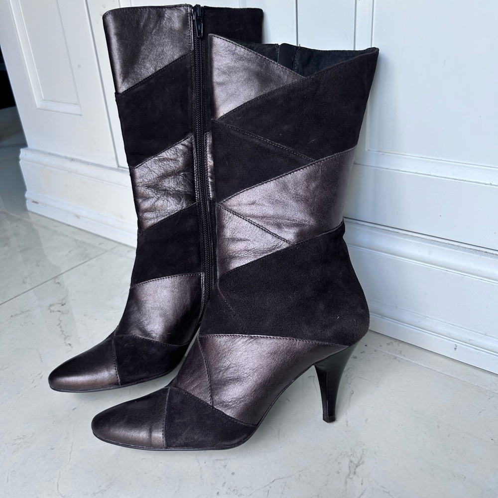 Vintage Browns Couture leather suede contrast Boots with low Stiletto Heel s 36